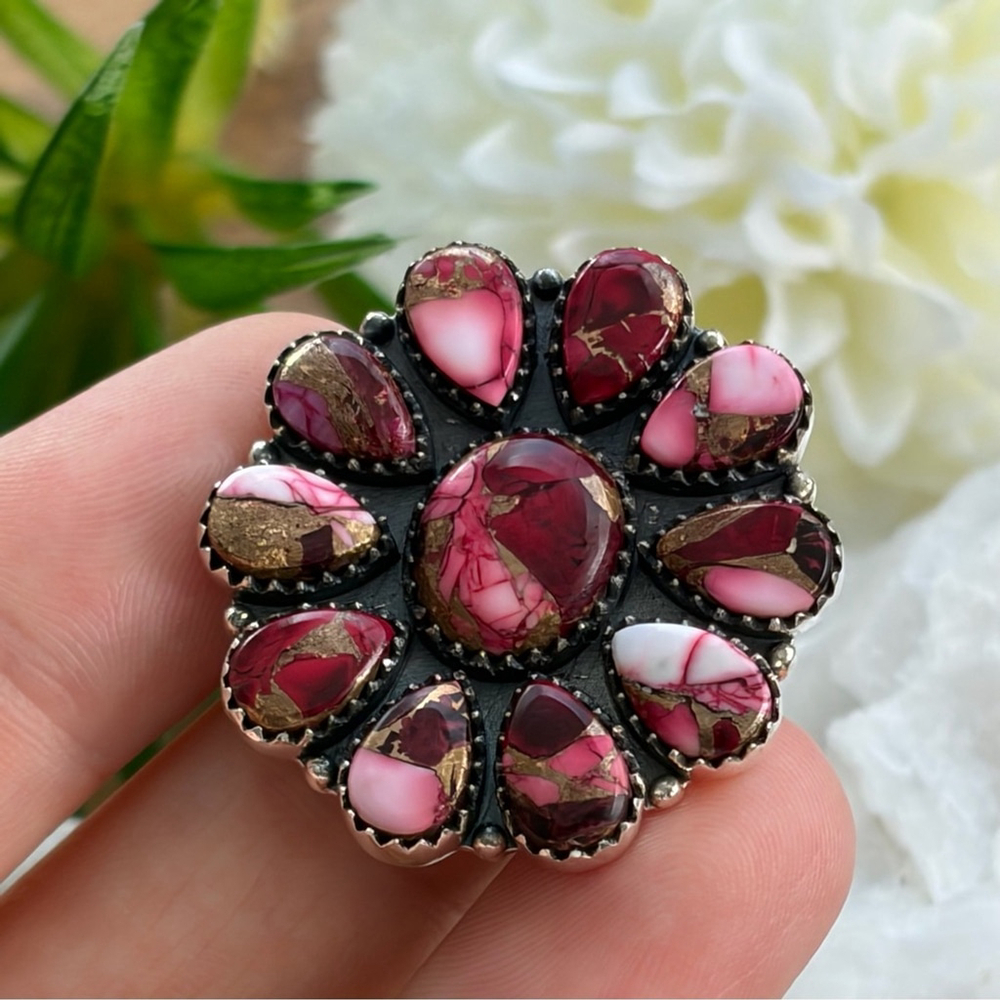 Pure Sterling Silver 925 Red Dahlia Turquoise Cluster Ring Size 7 Navajo Style - Picture 8 of 12